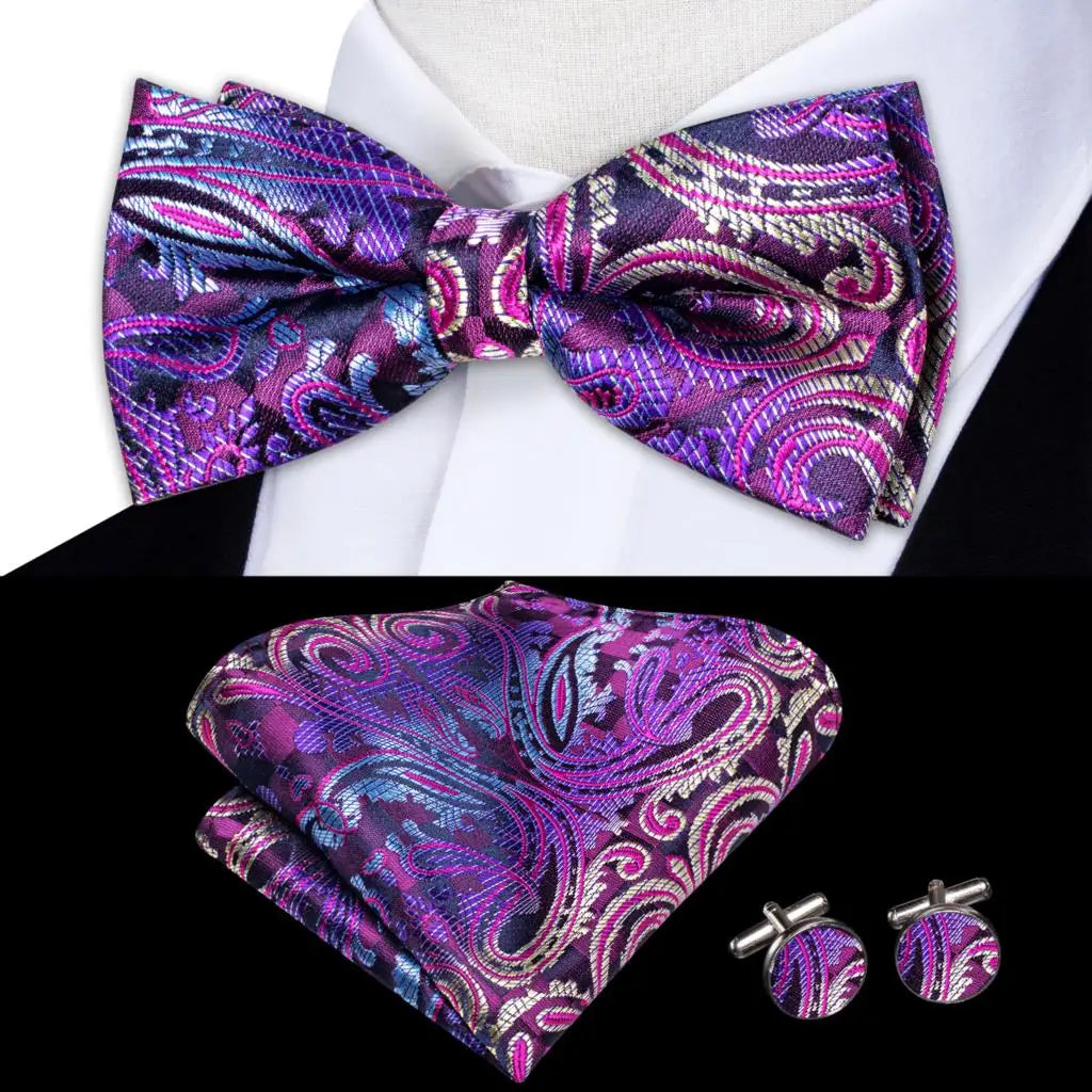 Purple Lilac Lavender Pansy Violet Silk Mens Bow Tie Hanky Cuffs Set Pre-tied Butterfly Knot Bowtie for Male Wedding Business Qme LDLH2521