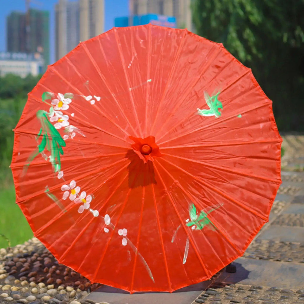 Vintage Chinese Silk Oil Paper Umbrella Red Flower Oil Paper Umbrella Bamboo Handle Wedding Decor Photo Parasol Dance Props Red Qme