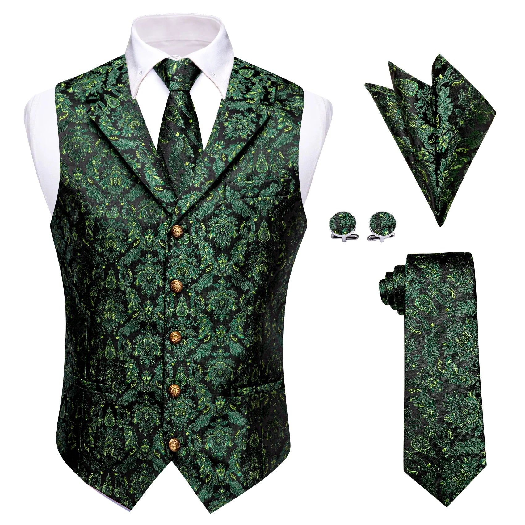 Mens Vest Green Floral Tops Tie Hanky Cufflinks Waistcoat Sleeveless Qme MJTZ9009 M