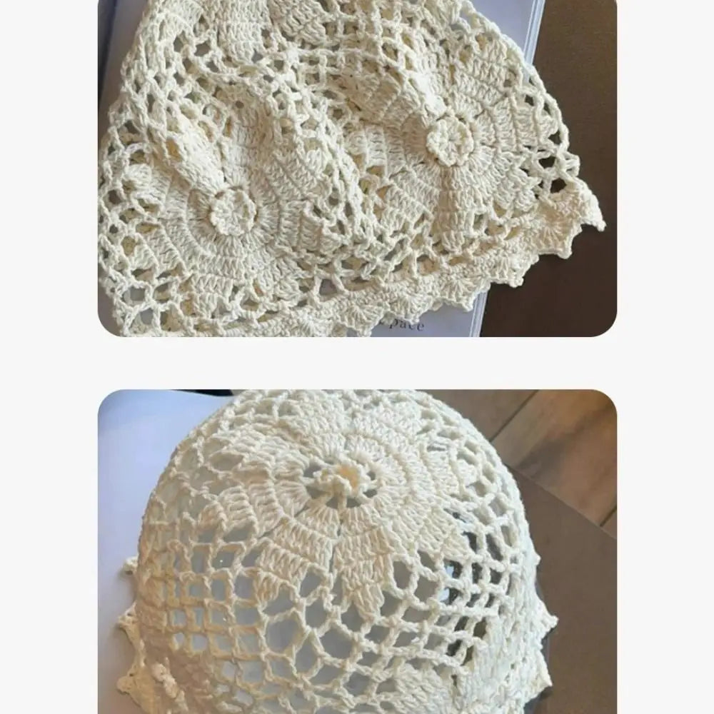 Handmade Crochet Flower Hat Bohemian Style Thin Hollow Out Knitted Hat Ethnic Style Korean Beanies Hat Apparel Accessories Qme