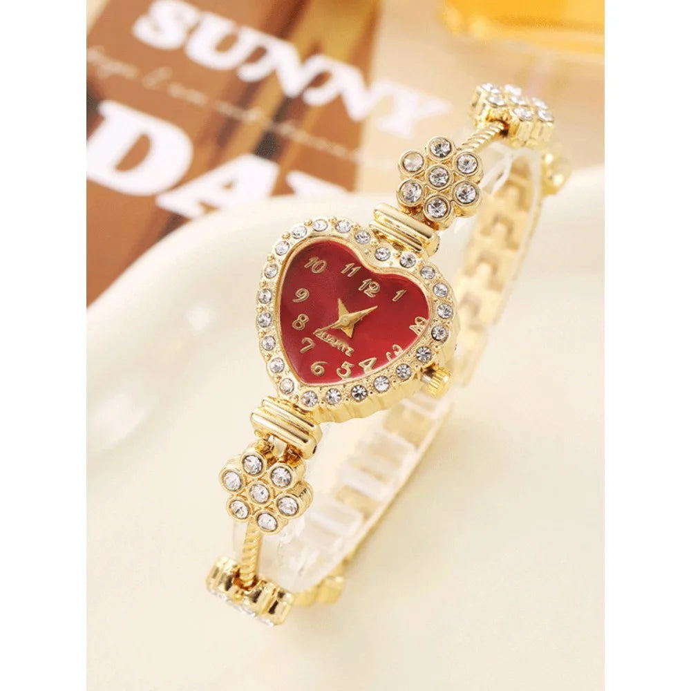 Flower shaped diamond inlaid heart-shaped women's watch, niche fashion, female student bracelet, quartz watch set Qme