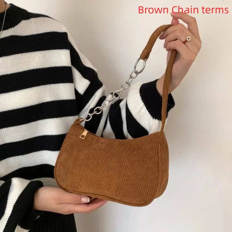 Corduroy Underarm Bag for Women: Solid Color Simple Western Style Spring/Summer Small Square Shoulder Bag for Casual Outfits Qme A4