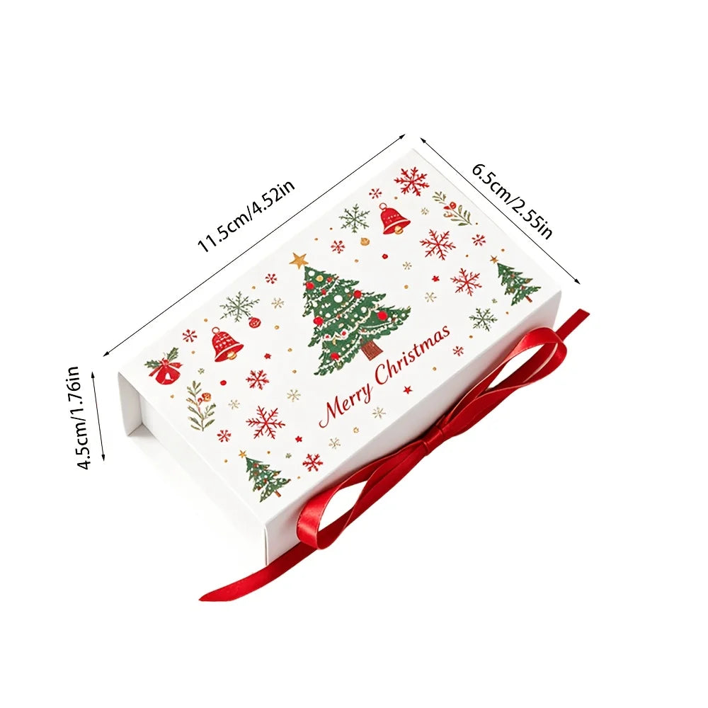 10pcs Merry Christmas Gift Boxes with Ribbon, Xmas Tree Snowflake Printed , Packaging Box for Holiday Biscuit Wedding Favor Qme