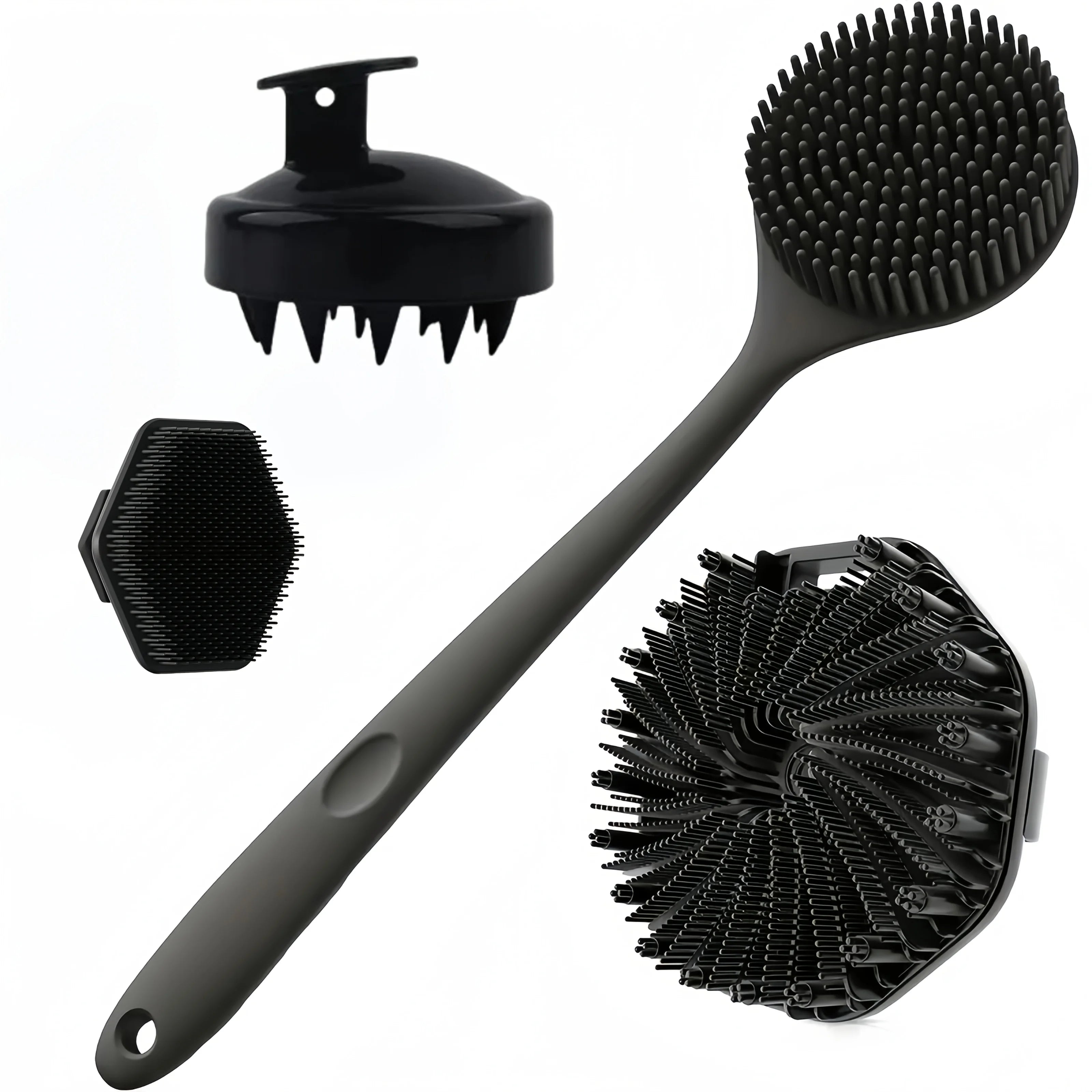 Long Handle Silicone Bath Brush Body Back Face Gentle Exfoliating Qme Black 4Pcs set