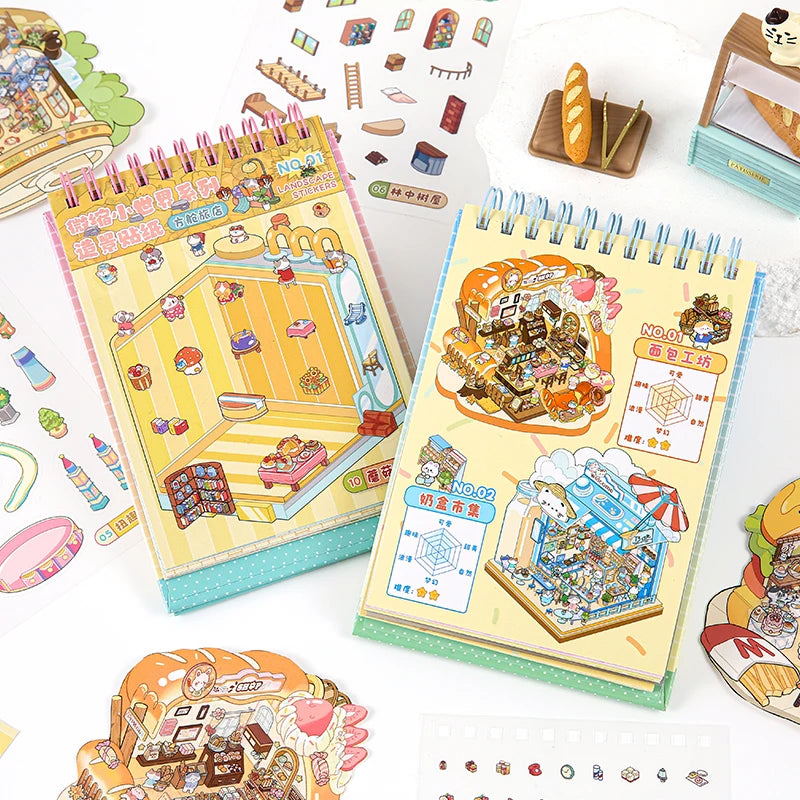 35 Pcs Scene Cartoon Diy 3D Landscape Sticker Book Cabin Scene Pocket Sticker Festival Birthday Gift to Student Kid Child Qme