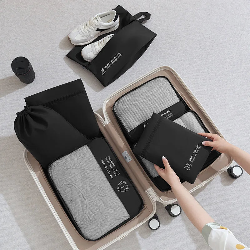A QX2E 6 Pieces Travel Luggage Organizers Set Packing Cubes with Shoe Bag Cosmetics Accessories Waterproof Toiletry for Qme 7pcs set black