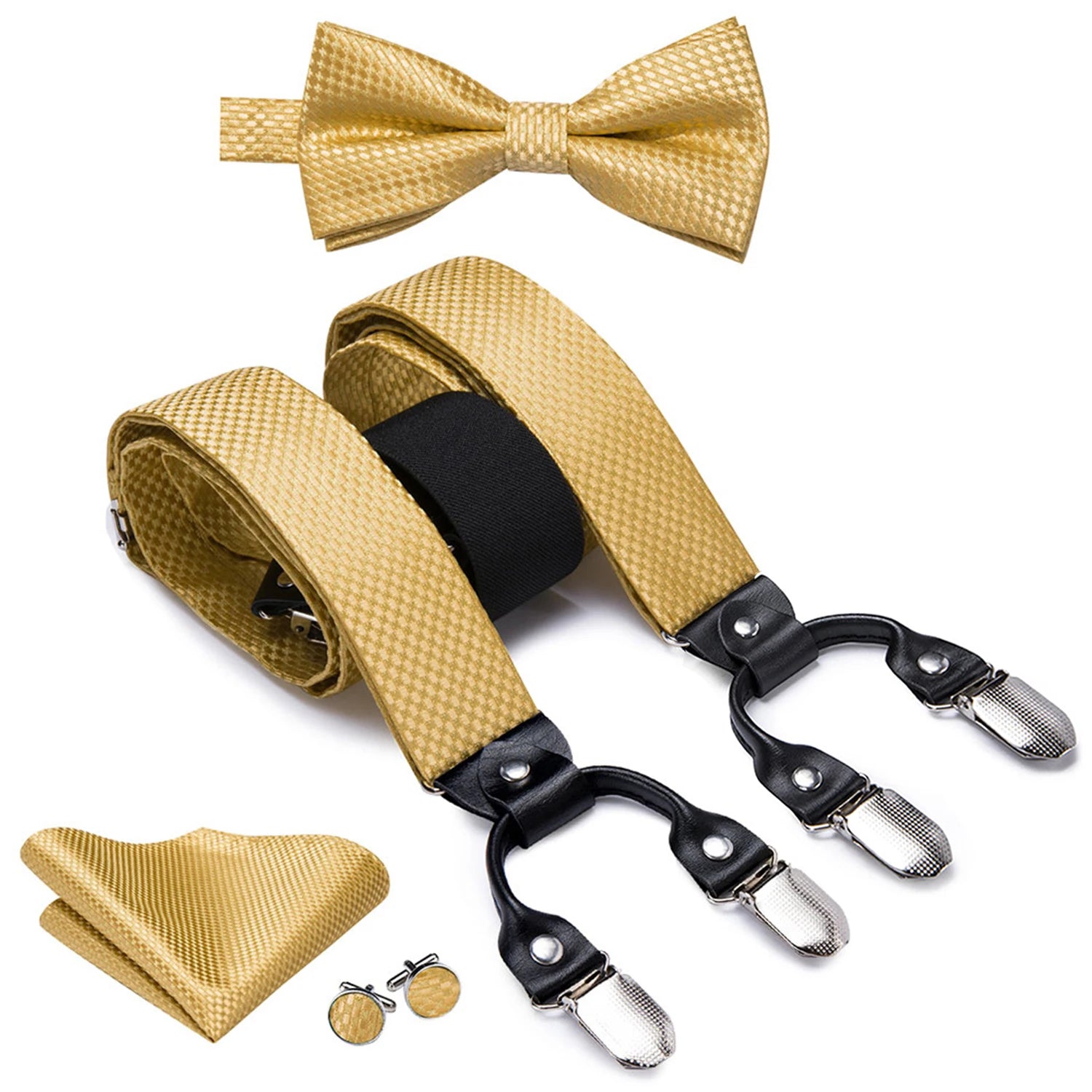 Hi-tie Jacquard Woven Silk Gold Mens Suspender Braces Bow Tie Hanky