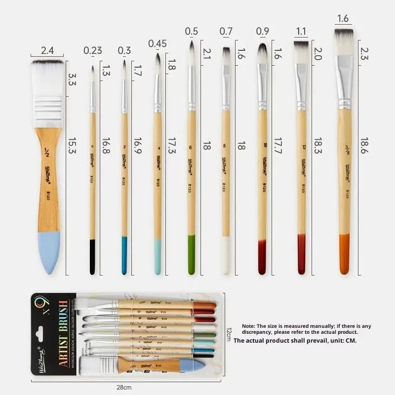 Beginner Brush Nylon Hair Canvas Watercolor Acrylic Oil Painting Qme Khaki 9pcs