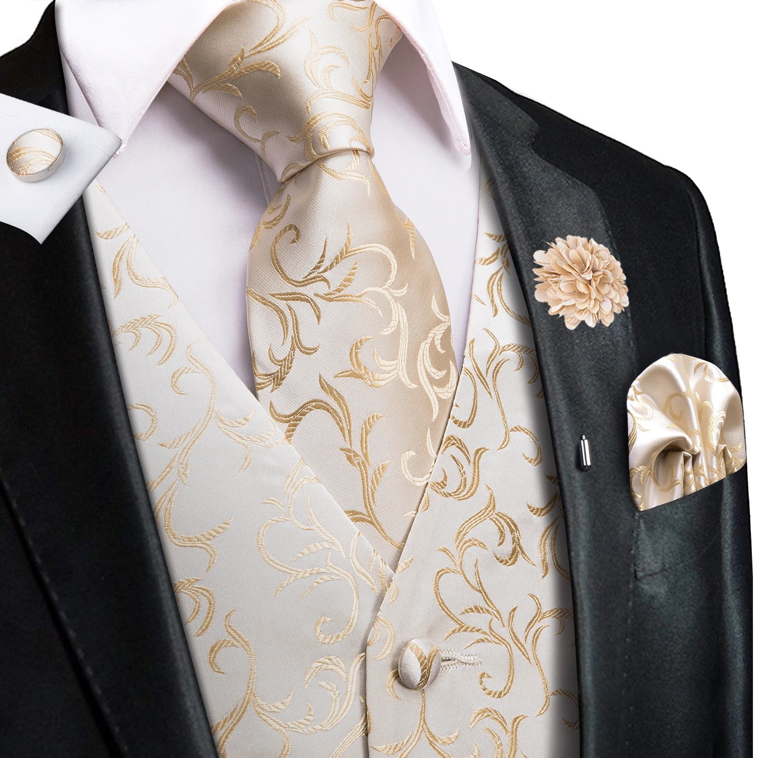 Mens Vests Jacquard Waistcoat Neck Tie Hanky Cufflinks Brooch Men Qme