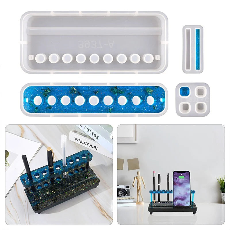 4 Piece Set Glue Dripping Mold Handmade Creative DIY Multifunctional Pen Holder Mold Mobile Phone Bracket Desktop Storage Resin Qme