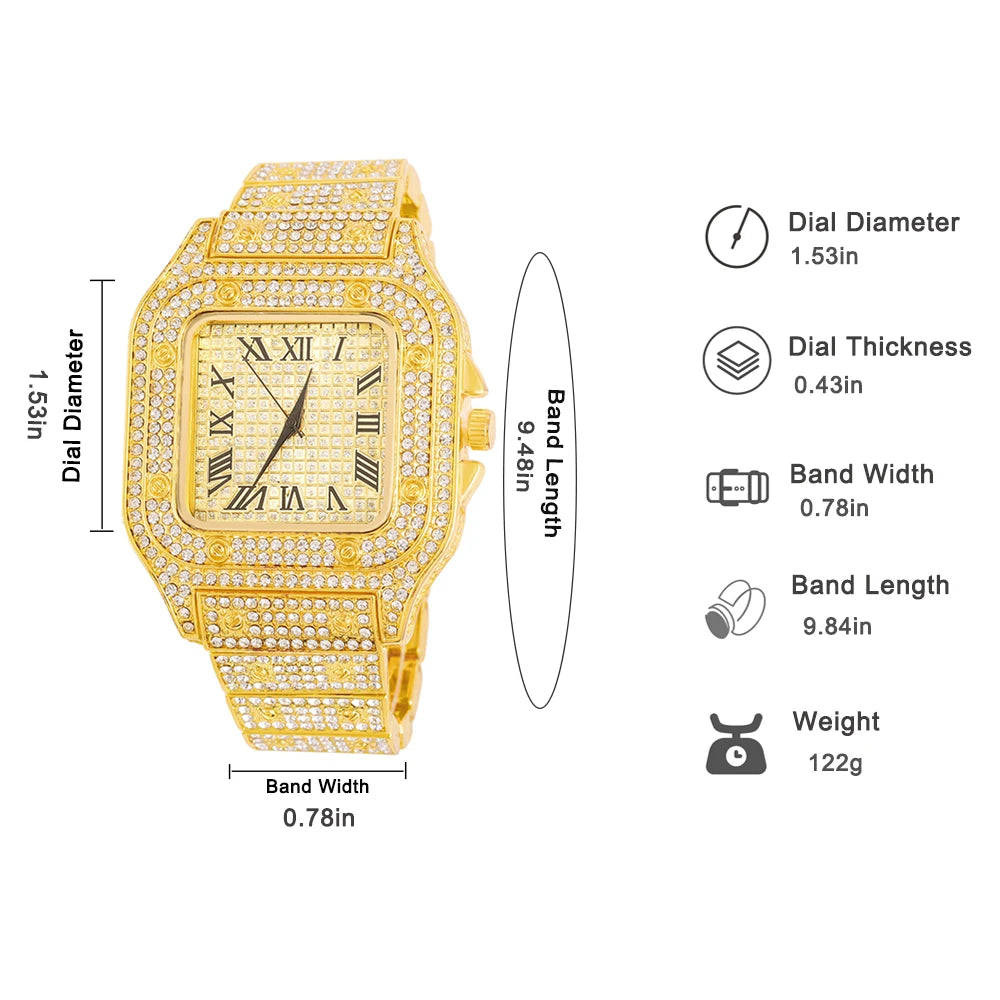 Luxury Moissanite Iced Out Watches Hip Hop Bust Down Unisex Diamond Watch, Stainless Steel Moissanite Studded Wrist Watch Qme