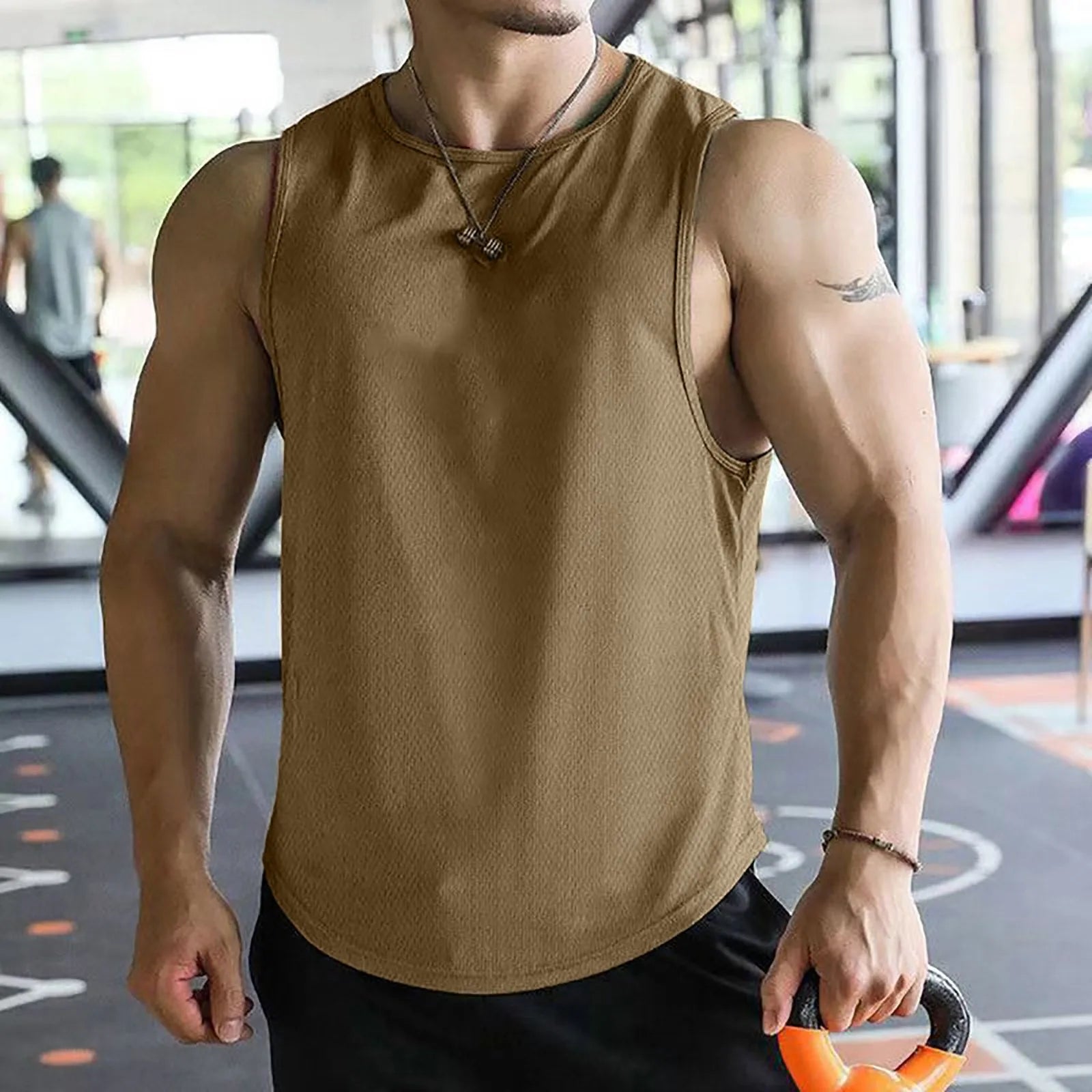 2026 Men’s Summer Solid Color Tight Vest Lightweight Breathable Quick-Dry Gym Muscle Fitness Bodybuilding Sleeveless T-Shirt Qme Khaki M