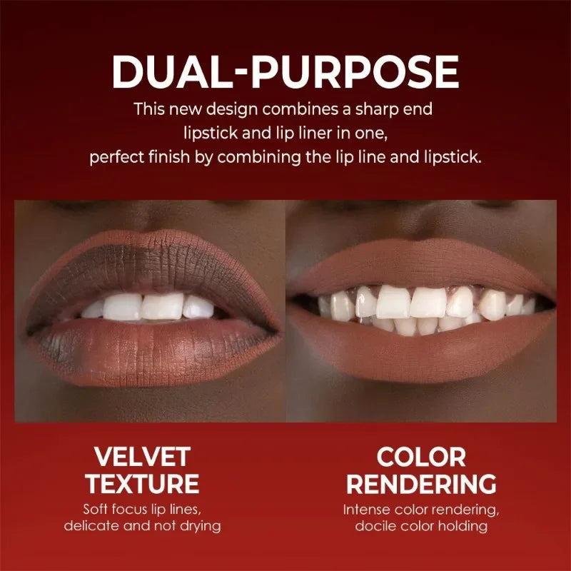 Chocolate Colored Lipstick Long Pointed Design Matte Lip Liner & Lip Stick Combination Red Tint Velvet Lasting Makeup Lipstick Qme