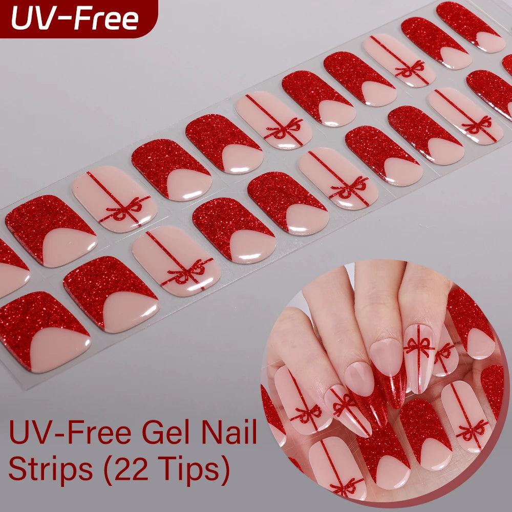 22Tips French Red Heart Kiss UV-Free Gel Nail Stickers Glitter Flower Qme BSA-0383