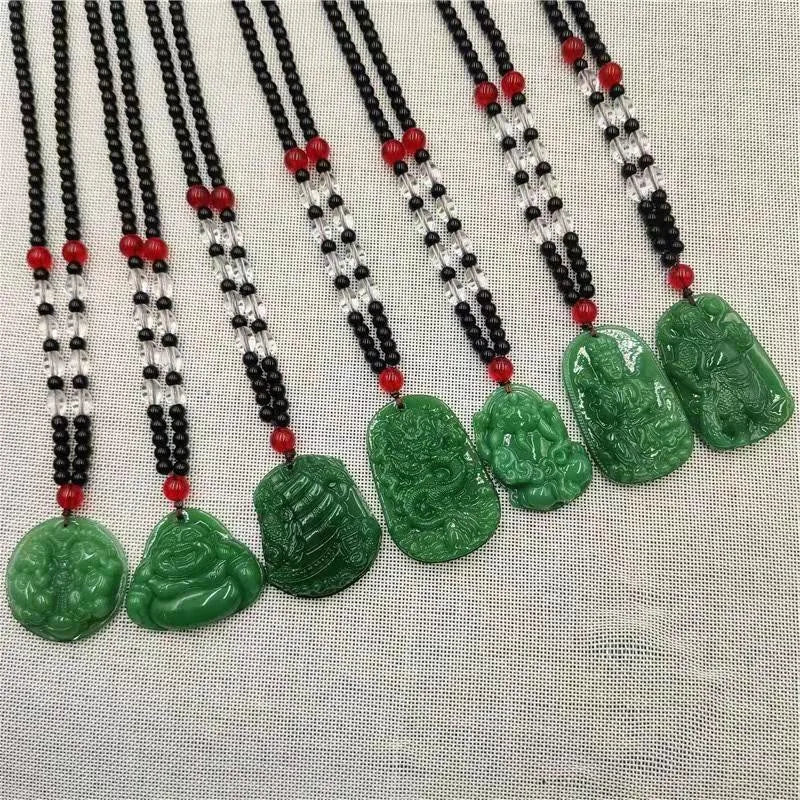 New Retro Buddha Imitation Green Jade Pendant Necklace Ethnic Religion Sweater Necklace Accessories Wholesale Qme