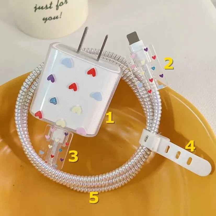 Case For Apple 18/20w Charger Protective Case Is Applicable to iPhone 14/13 Data Cable Head Bite Protector Shell Qme Colorful hearts