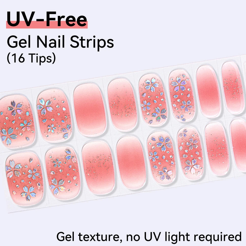 16Tips Pink Red French UV-Free Gel Nail Stickers Sparkly Shinning Qme CMK-0131