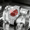 Hot Sale 4Pcs Silver Iced Out Men's Watch & Jewelry Set, Blue Dial Watch + Cuban Bracelet + Cross Necklace + Ring, Hip Hop Style Qme Red
