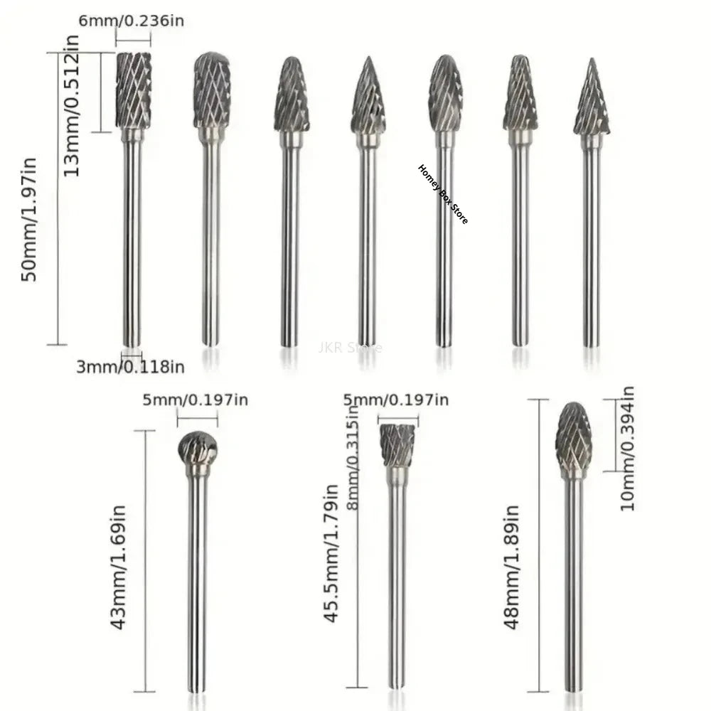 10Pcs High Hardness Carbide Burr Bits 3mm Shank Double Cut Rotary Tool Accessories For Dremel Metal Grinding Engraving Qme