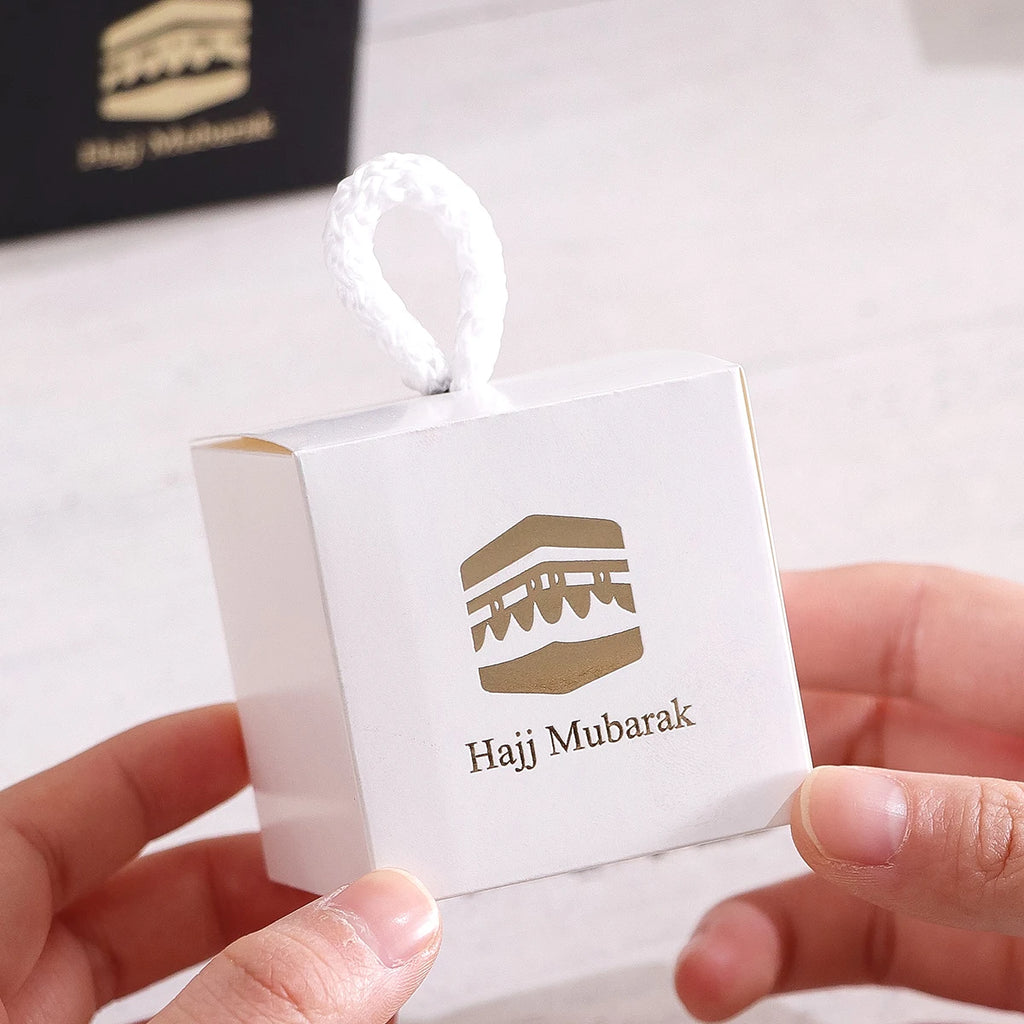 5-Pack Hajj Mubarak Sweets Gift Boxes - Elegant Small Gift Box with Gold Foil“Hajj Mubarak” - Black Paper Gift Box with Gold an Qme