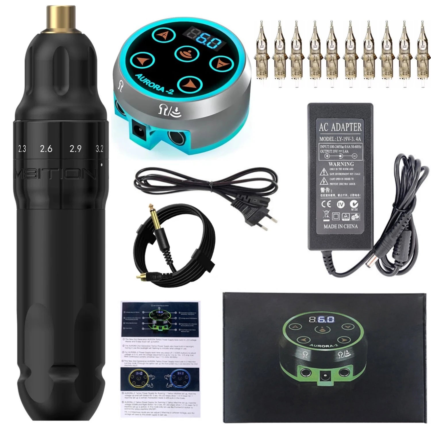 2026 New Sally Permanent Makeup Tattoo Pen Machine Kit Set adjustable PMU Rotary Pen Stroke 2.0-3.5mm AURORA-2 Power Supply Qme Black Pen Kit SR