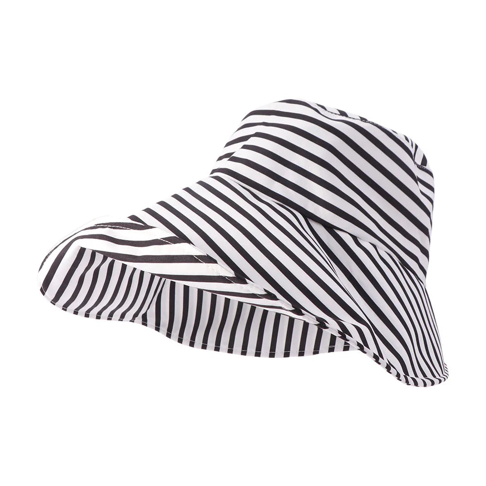 Simple Striped Bucket Hat Widened Brim Sunshade Foldable Beach Sun Cap Lightweight Cloth Roll Edge Fisherman Hat Vacation Qme White and Black