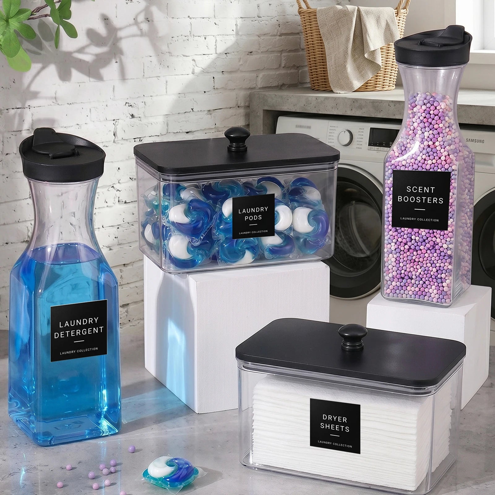 Laundry Room Organization Set Laundry Detergent Dispenser Bottles for Pods, Scent Boosters, Dryer Sheets, Fabric Softener Qme