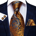Extra Long Tie Set for Men, 3-Piece Wedding Accessories with Cufflinks & Pocket Handkerchief, Striped/Floral Design Qme DPTH-LDSN3523