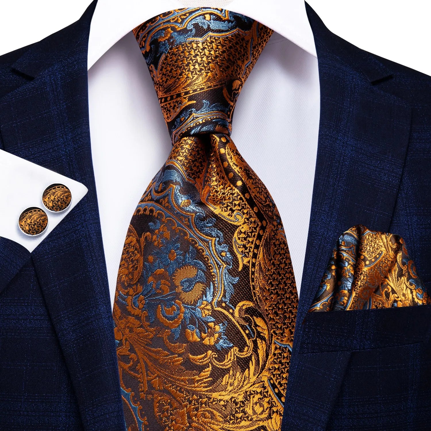 Extra Long Tie Set for Men, 3-Piece Wedding Accessories with Cufflinks & Pocket Handkerchief, Striped/Floral Design Qme DPTH-LDSN3523