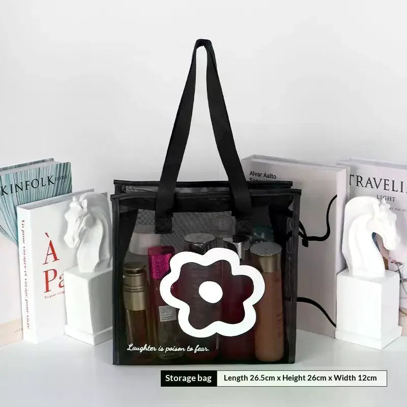 Fashion Clear Beach Tote Bag with Zipper Flower Cartoon Wash Bag Nylon Mesh Transparent Bag Woman Qme