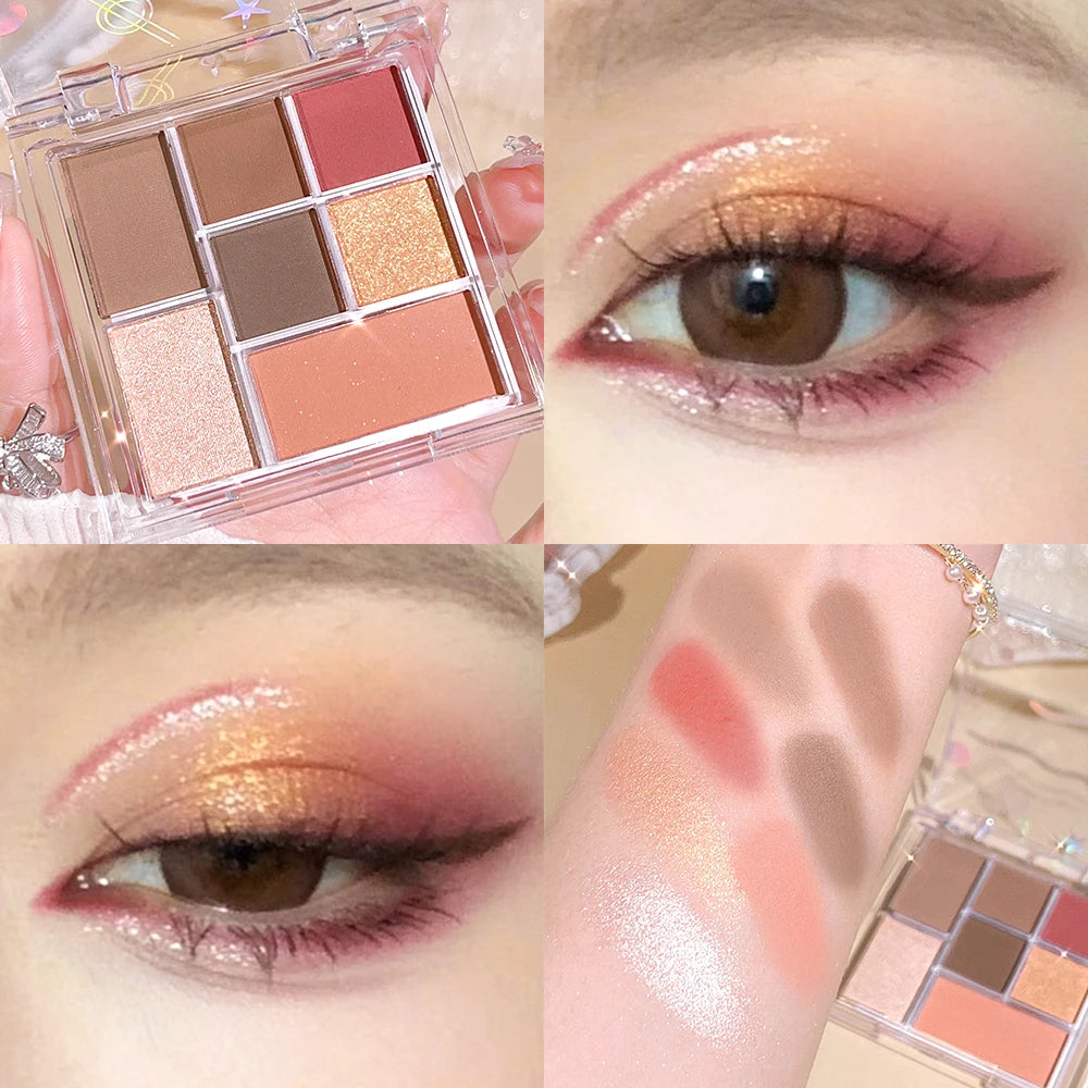 7 color eyeshadow palette, nude pink, high paint glitter and matte effect, natural long-lasting waterproof eye makeup palette, p Qme 01