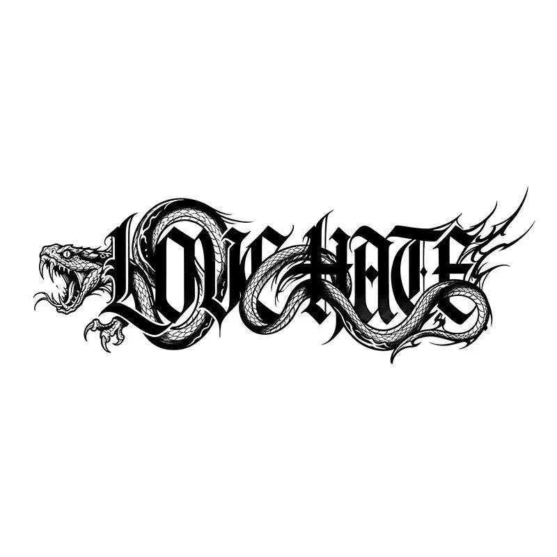 Love Hate Gothic Old School Herb Tattoo Sticker, Temporary Tattoo for Women Men, Dark Calligraphy Floral Design, Long Lasting Ju Qme