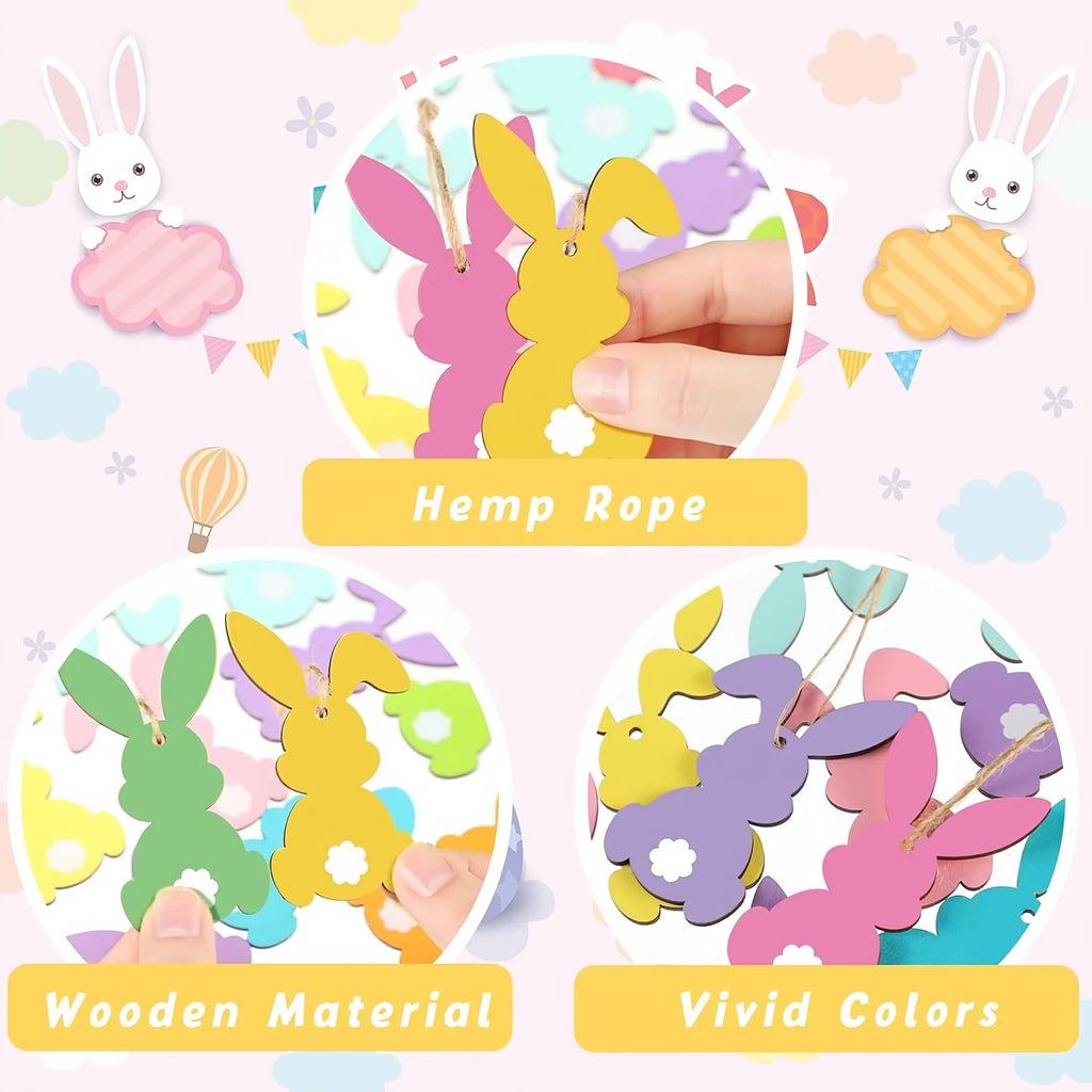 12Pcs colorful Easter bunny-shaped wooden pendants Christmas decorations, suitable for holiday decorations for themed party acti Qme