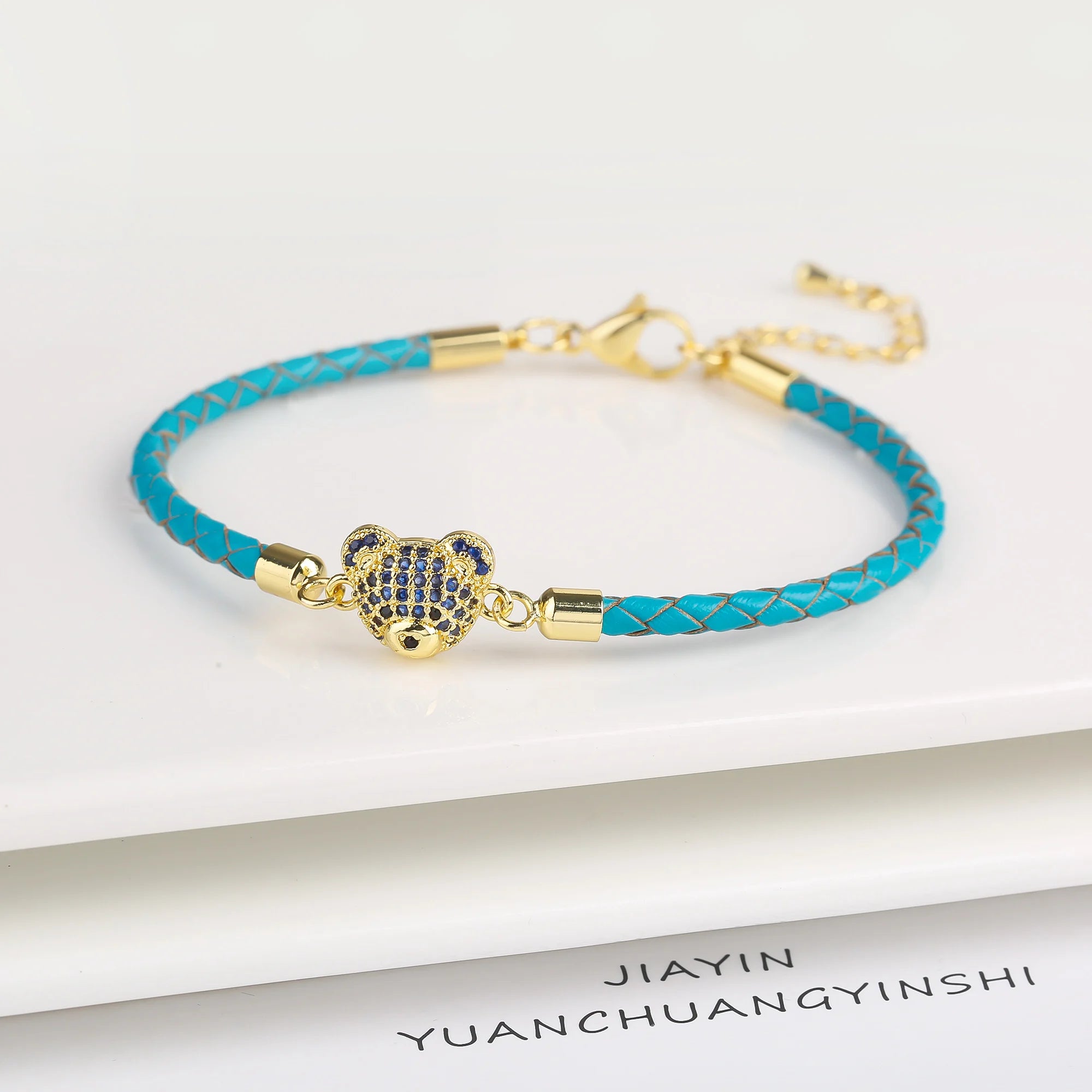 New 6 Colors Fashion Cute Animal Bear Zirconia Leather Rope Braided Adjustable Bracelet Classic for Man Woman Party Jewelry Gift Qme Dark Blue