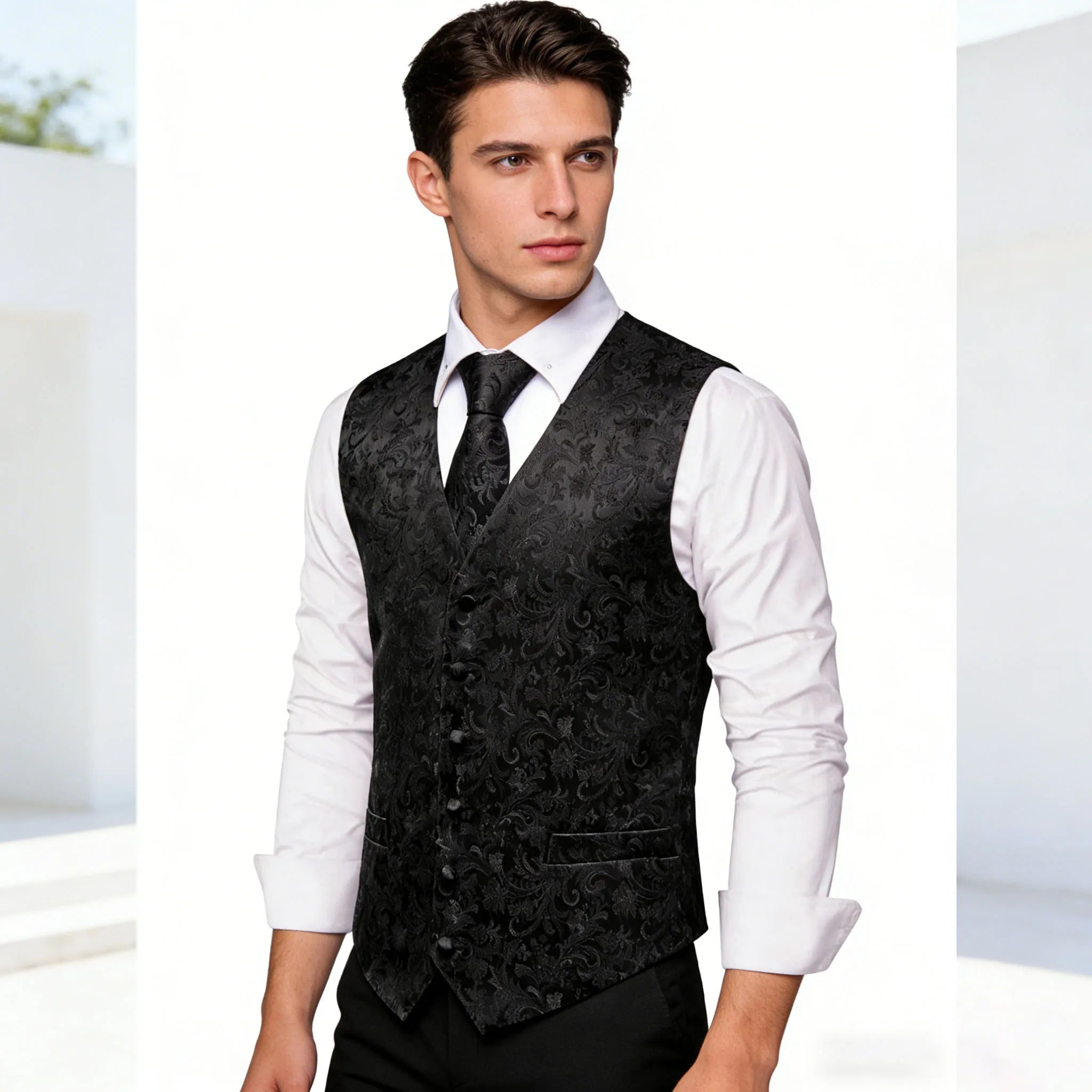 Mens All Black Suit Vest Tie Hanky Cufflinks Set Floral Paisley Waistcoat Sleeveless Jacket Necktie for Male Wedding Busniess Qme