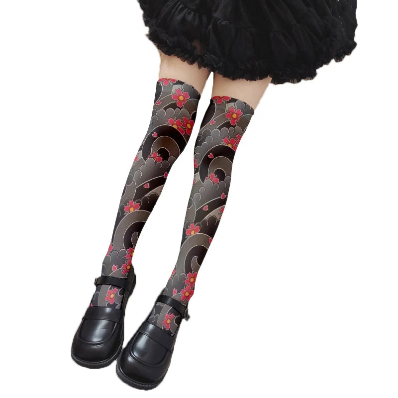Sexy Long Tube Thigh-high Stockings Imitation Tattoo Pattern Velvet Qme style1 75cm