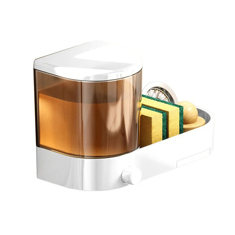 Drain Tray Wall Mounted Soap Dispenser Sponges Holder Hand Press Qme White