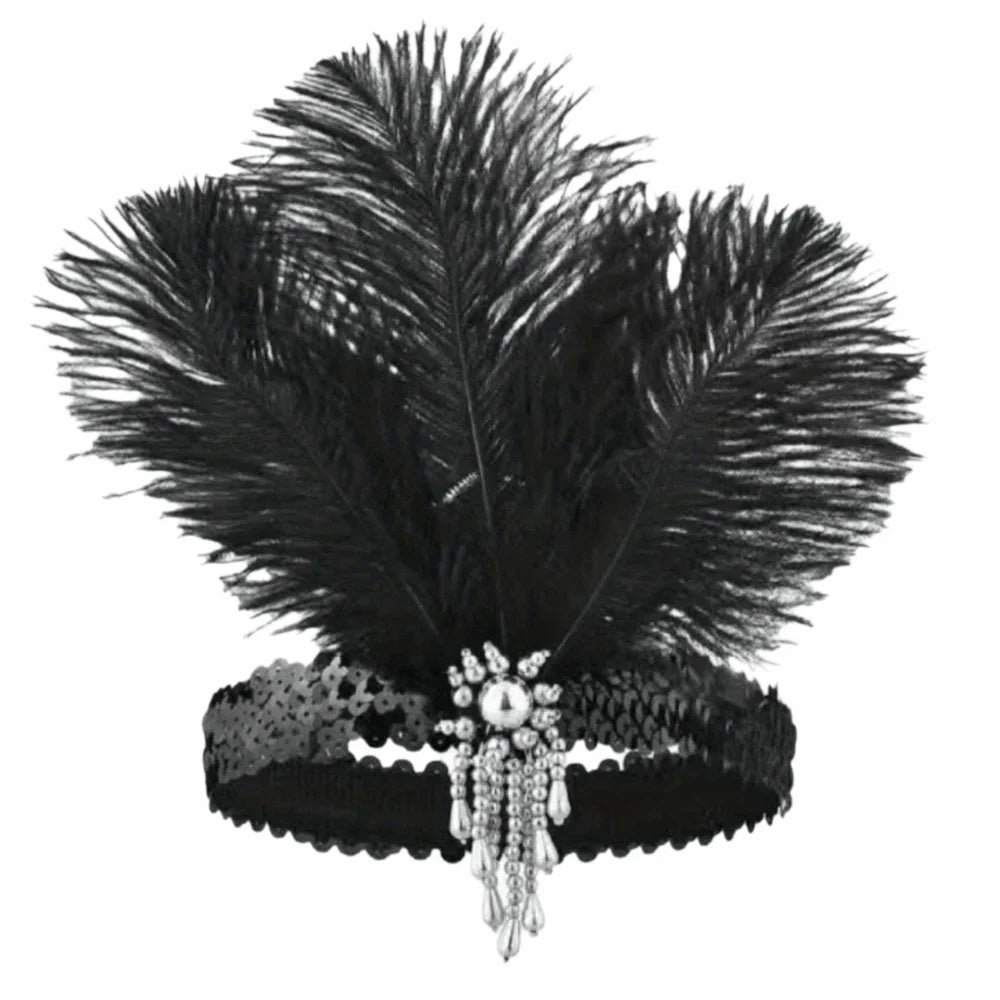 Exquisite Retro Women's Feather Headband Sequin 1920s Girls Hair Hoop Qme Black