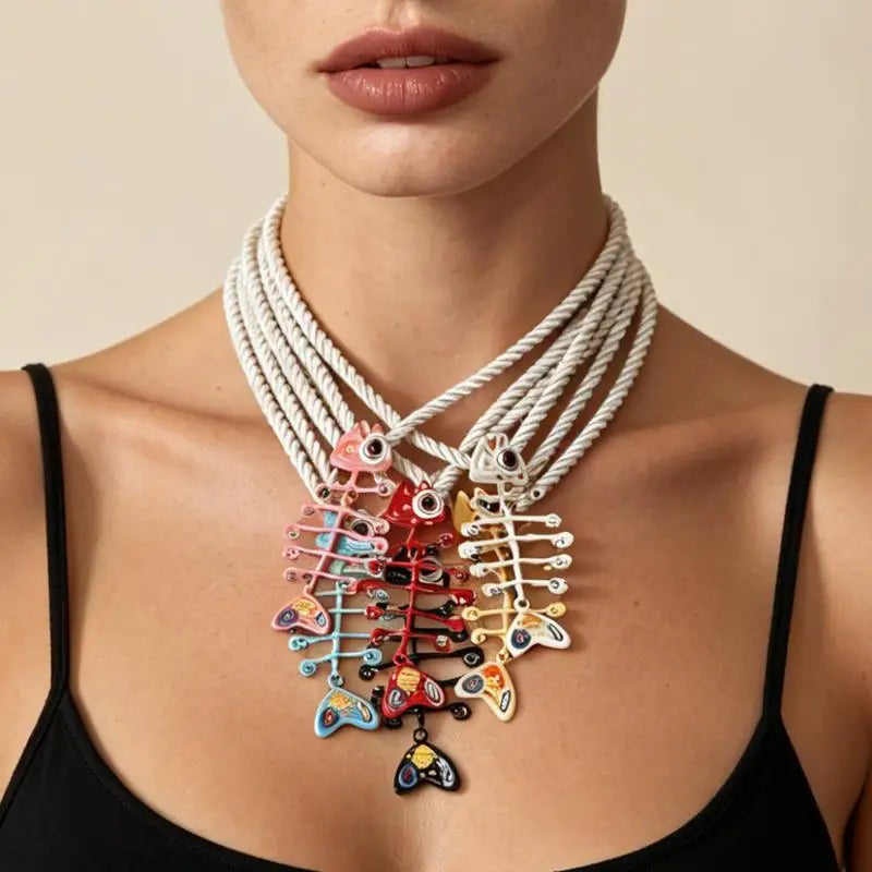 Hand Woven Boho Rope Pendant Necklace Alloy Printed Fish Bone Decor Non-irritating Neck Jewelry for Teen Girls Qme
