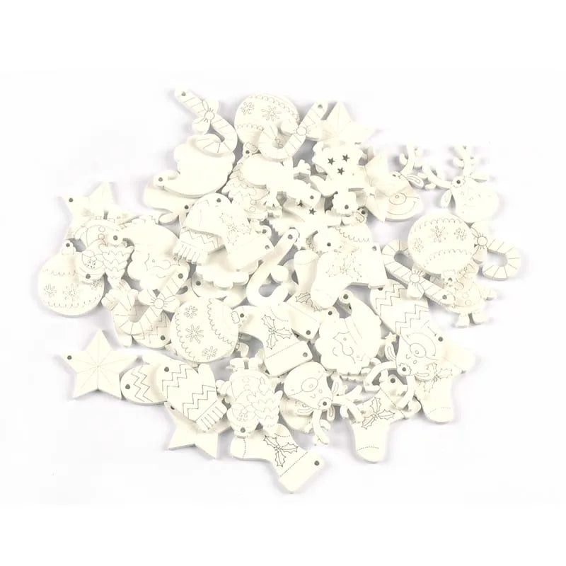 50Pcs 20-31.5mm Mixed New Year White Santa Claus/Elk/Snowman Wooden Pendant DIY Crafts Supplies Christmas Party Home Decor Gifts Qme Default Title