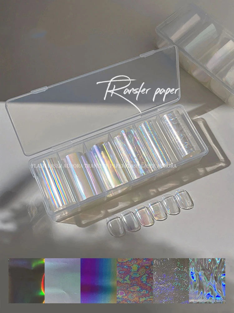 6 Rolls Holographic Aurora Nail Transfer Paper, Laser Iridescent Water Decals, Galaxy Cave Stickers for Nail Art DIY Manicure Qme 01
