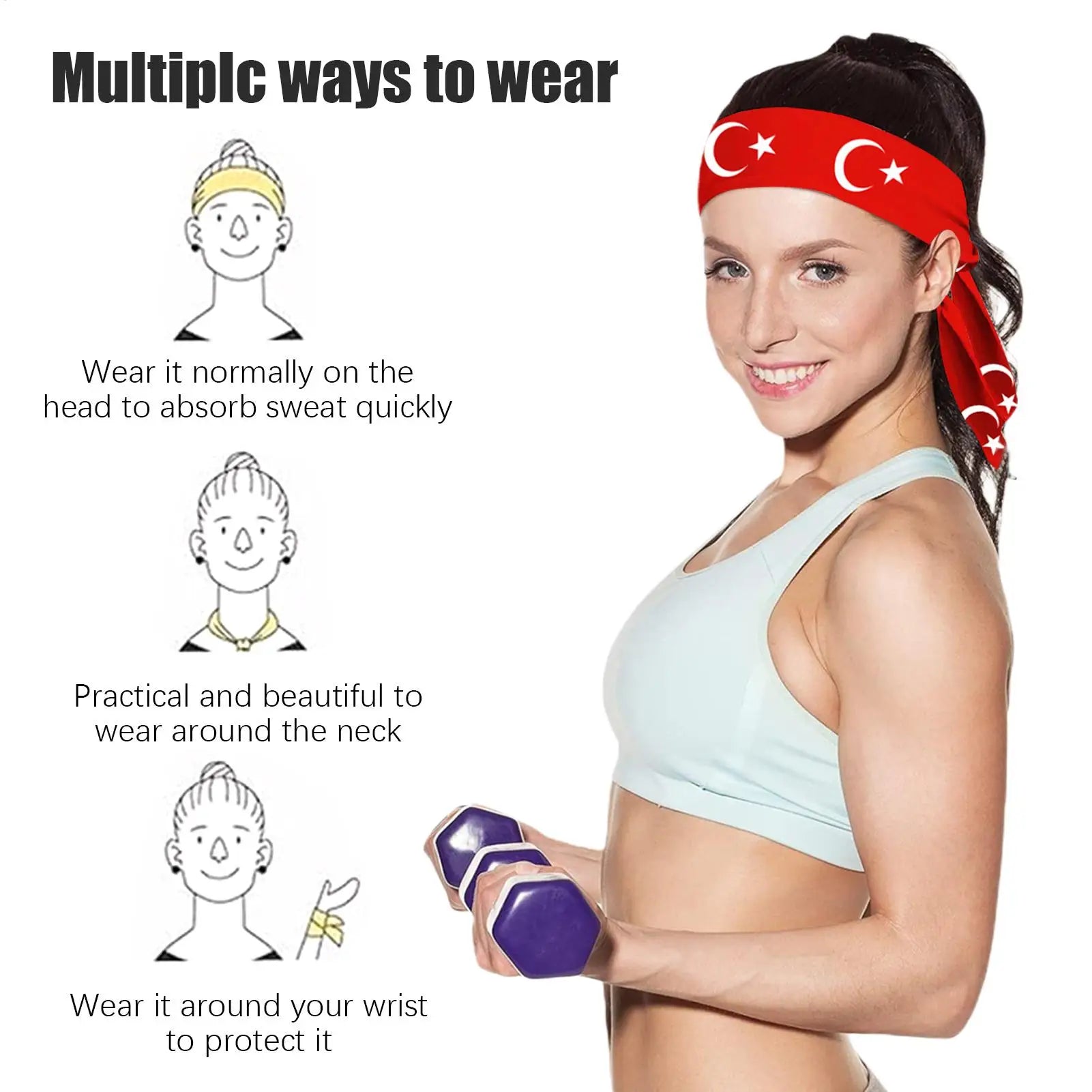 1pcs Running Headbands Turkey Flag Tie Running Headbands Breathable Female Sports Headscarf For Running Football Yoga Hiking Qme