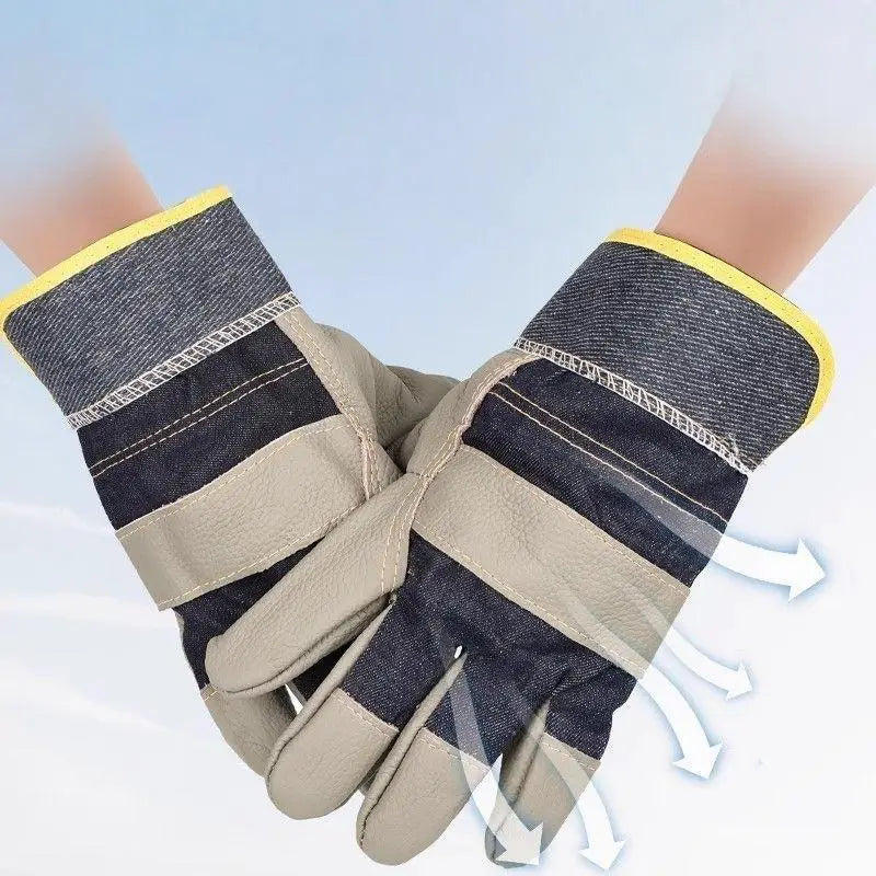1 Pair Cowhide Denim Gloves Thickened Protective Work Carpentry Qme