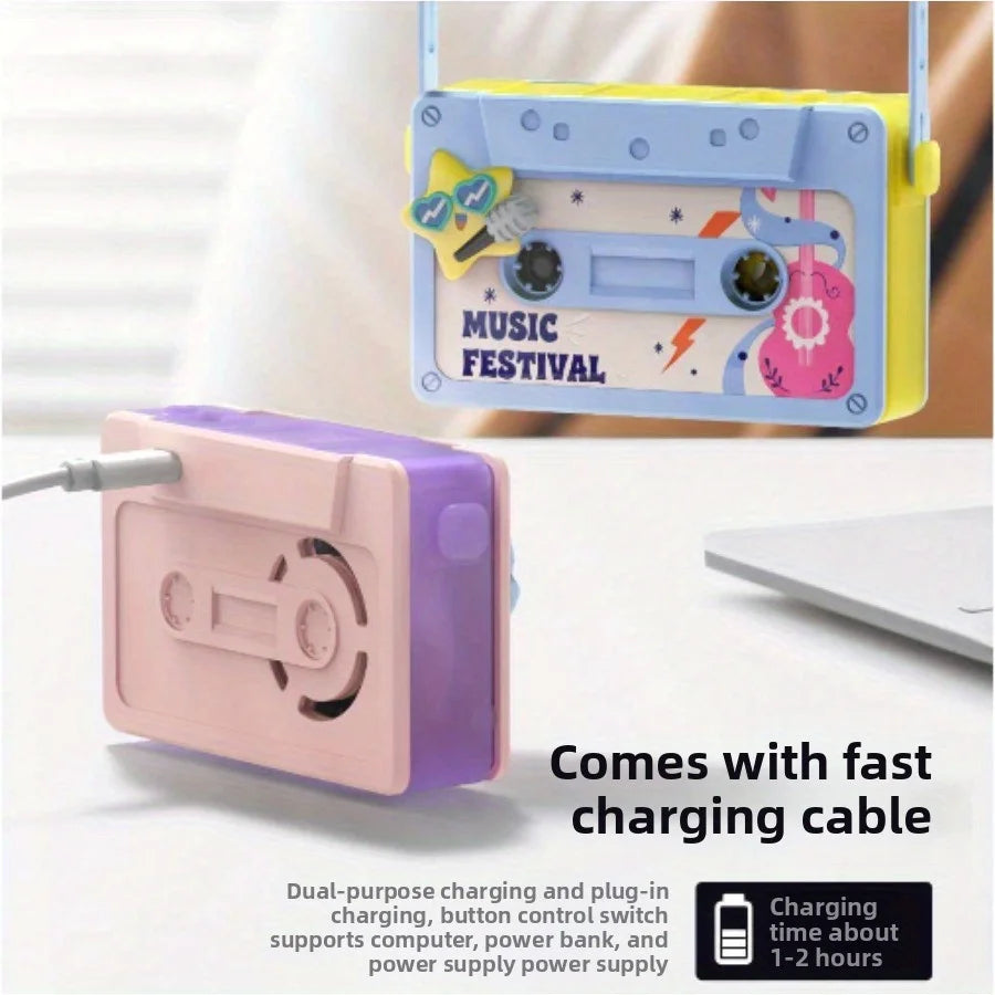 Cartoon Portable Neck Fan Mini Small Personal Handheld Fan USB Rechargeable for Girls Boys Cassette Travel Home Office Outdoor Qme