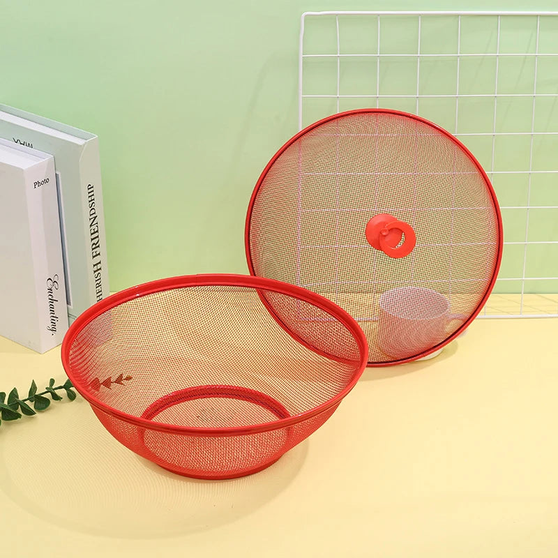 Portable Metal Storage Basket Lid Mesh Prevent Flies Fruit Kitchen Qme