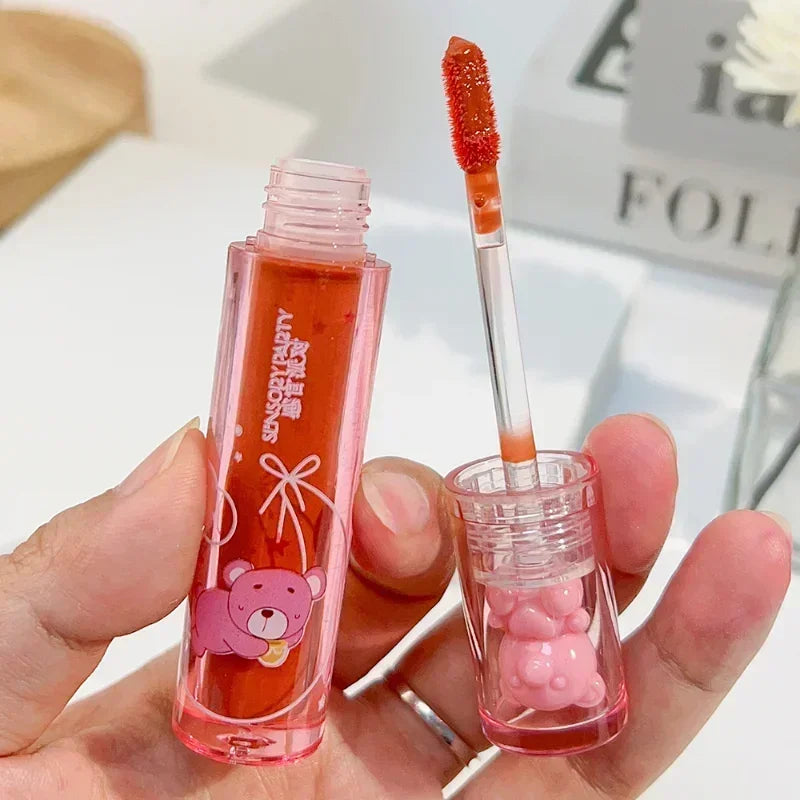 Cute Pink Bear Water Light Lip Gloss Lasting Crystal Glossy Lip Glaze Mirror Nude Liquid Lipstick Women Lips Makeup Cosmetics Qme