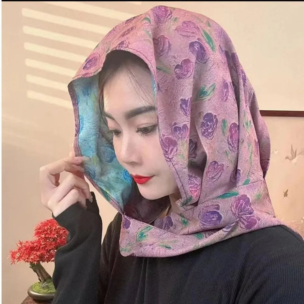 Headkerchief Elegant Printed Turban Hat Painting Cotton Linen Loom Silk Scarf Hat Sunscreen Polyester Women's Headscarf Beach Qme Style9