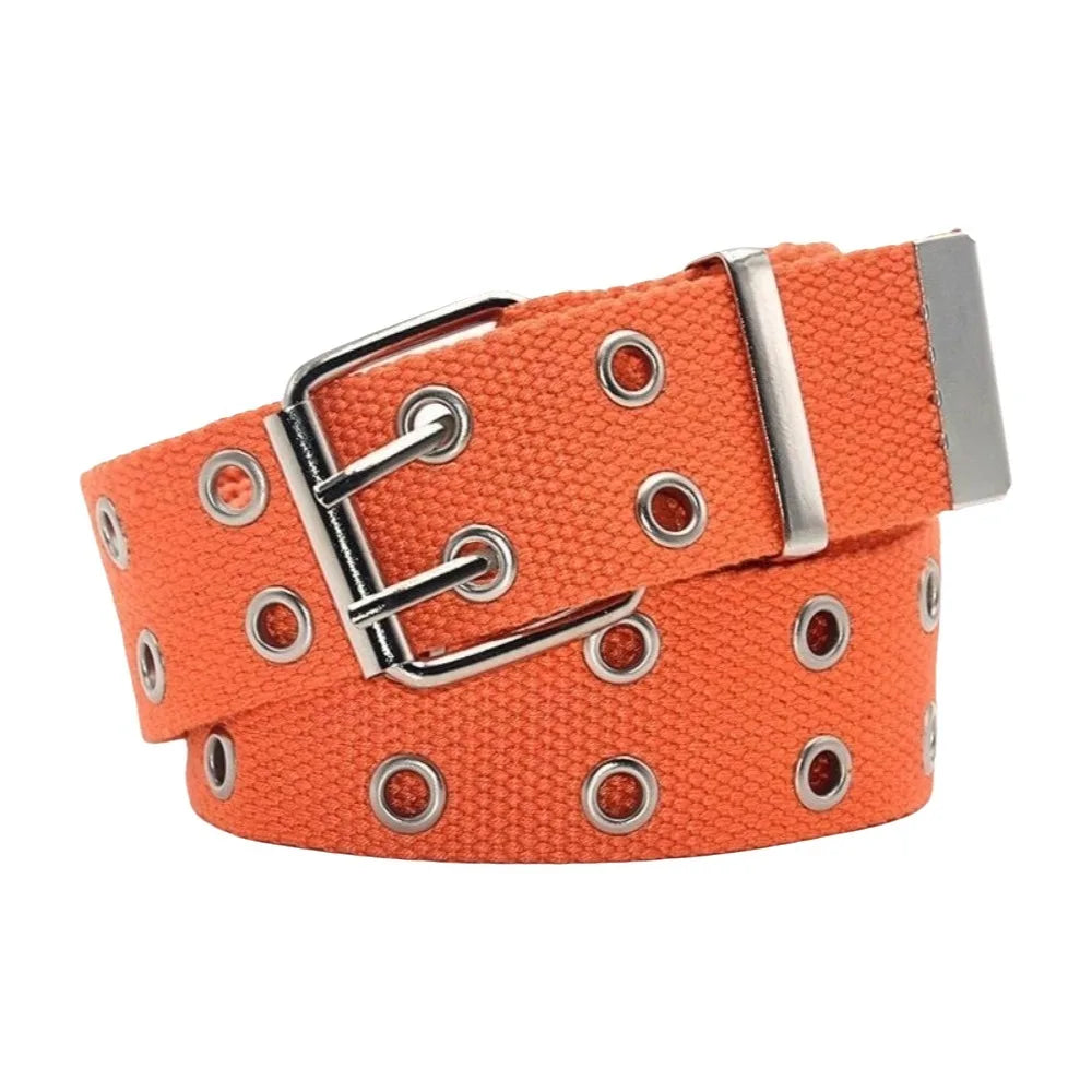 Outdoor Solid Canvas Waist Belt Double Row Nylon Woven Belts Metal Qme Orange