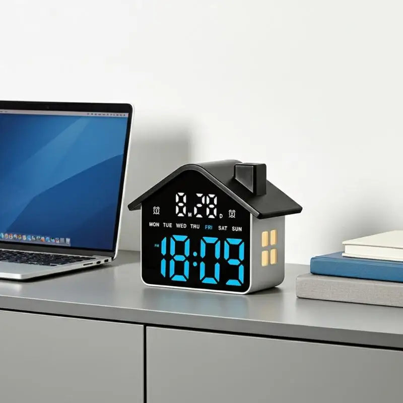 House Shaped LED Digital Alarm Clock Date Week Brightness Adjustment Qme