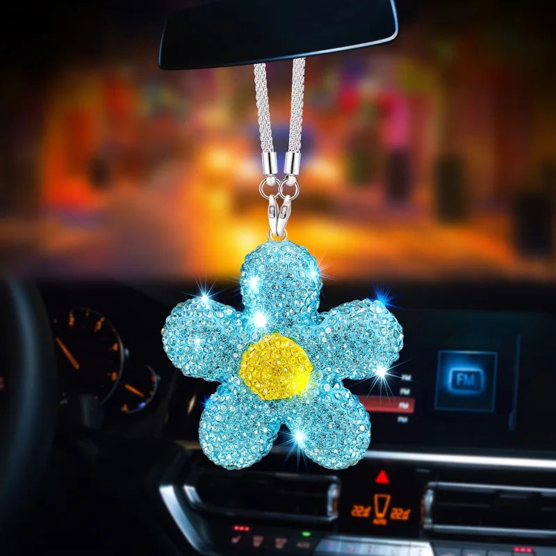 Sparkling Rhinestone-Encrusted Daisy Car Mirror Hanging With Small Daisies - Suitable For Rearview Mirror Or Dashboard Decor Qme